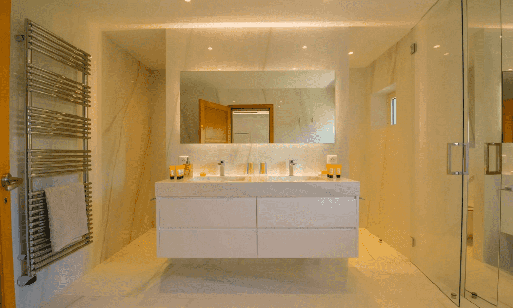 Gourmet kitchen with contemporary finishes and garden outlook